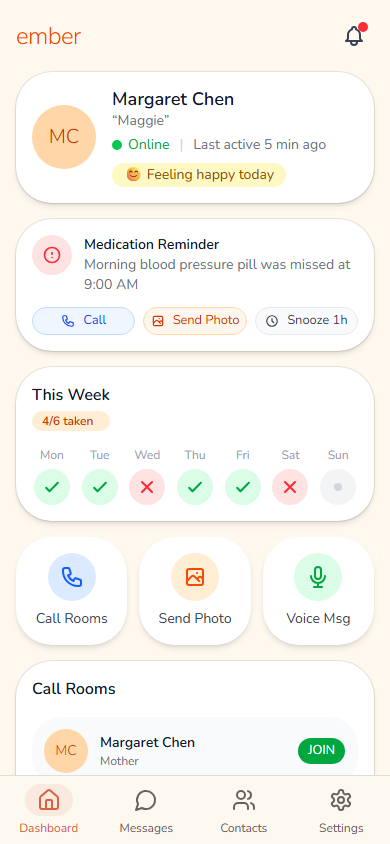 Ember elderly care dashboard showing medication tracking and video calling