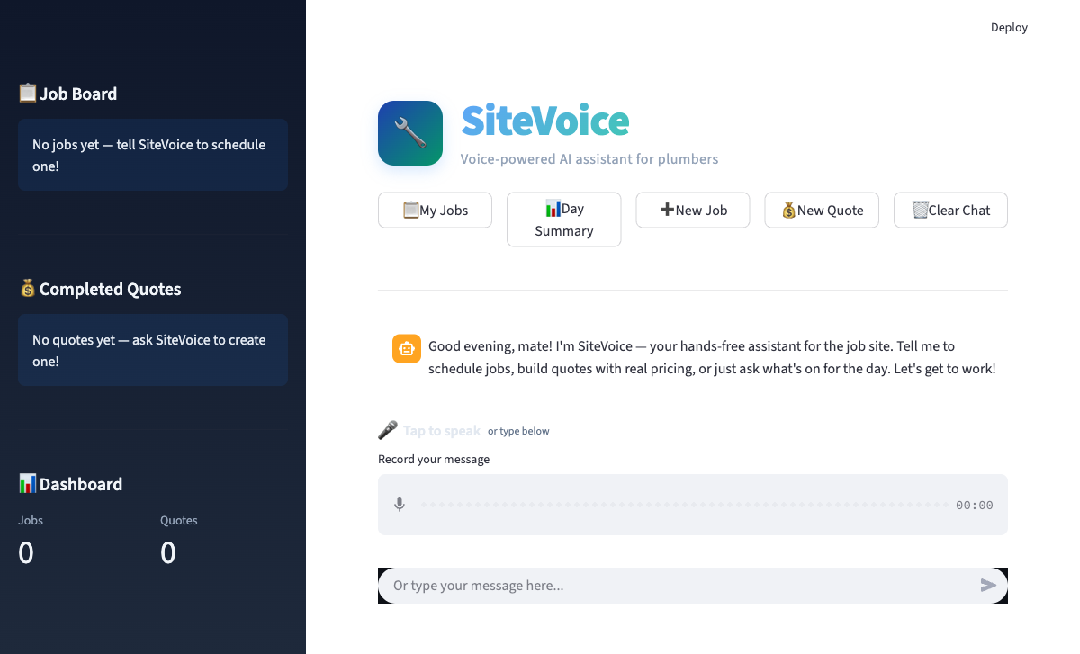 SiteVoice voice assistant interface for plumber quoting